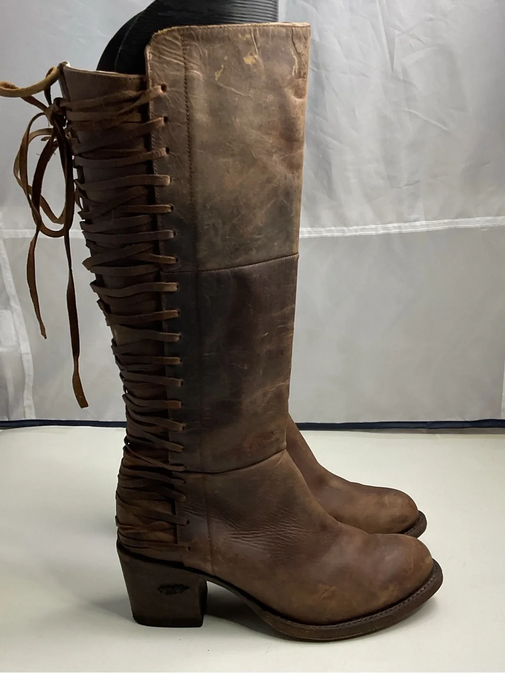Miss Macie Brown Leather Tall Riding Lace-Back Side Zip Boots Women’s Size 9M